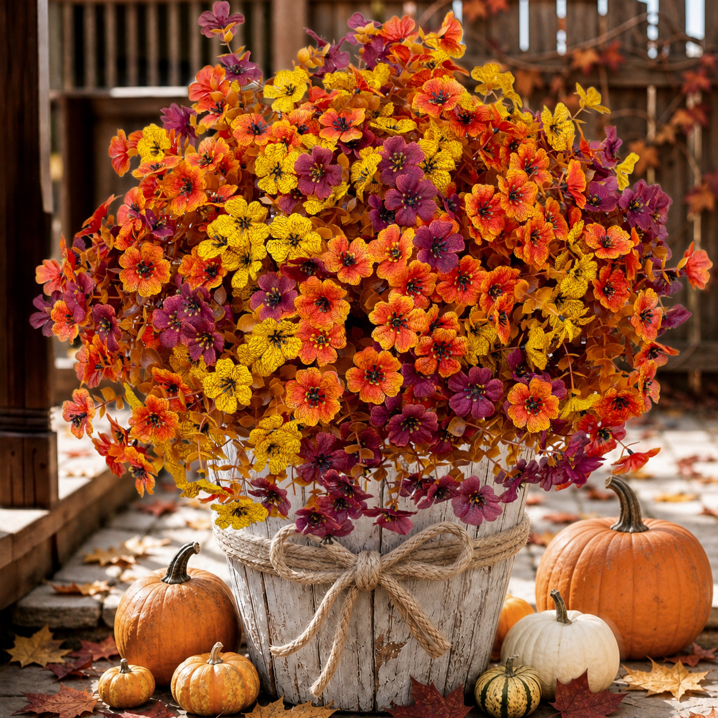 AXYLEX Artificial Fall Flowers Outdoor Fake Mums (BrownOrangeYellow, 16) | 16 bundles UV resistant faux mulled-tone fall blooms, no fade – porch, patio, window box & autumn home decor