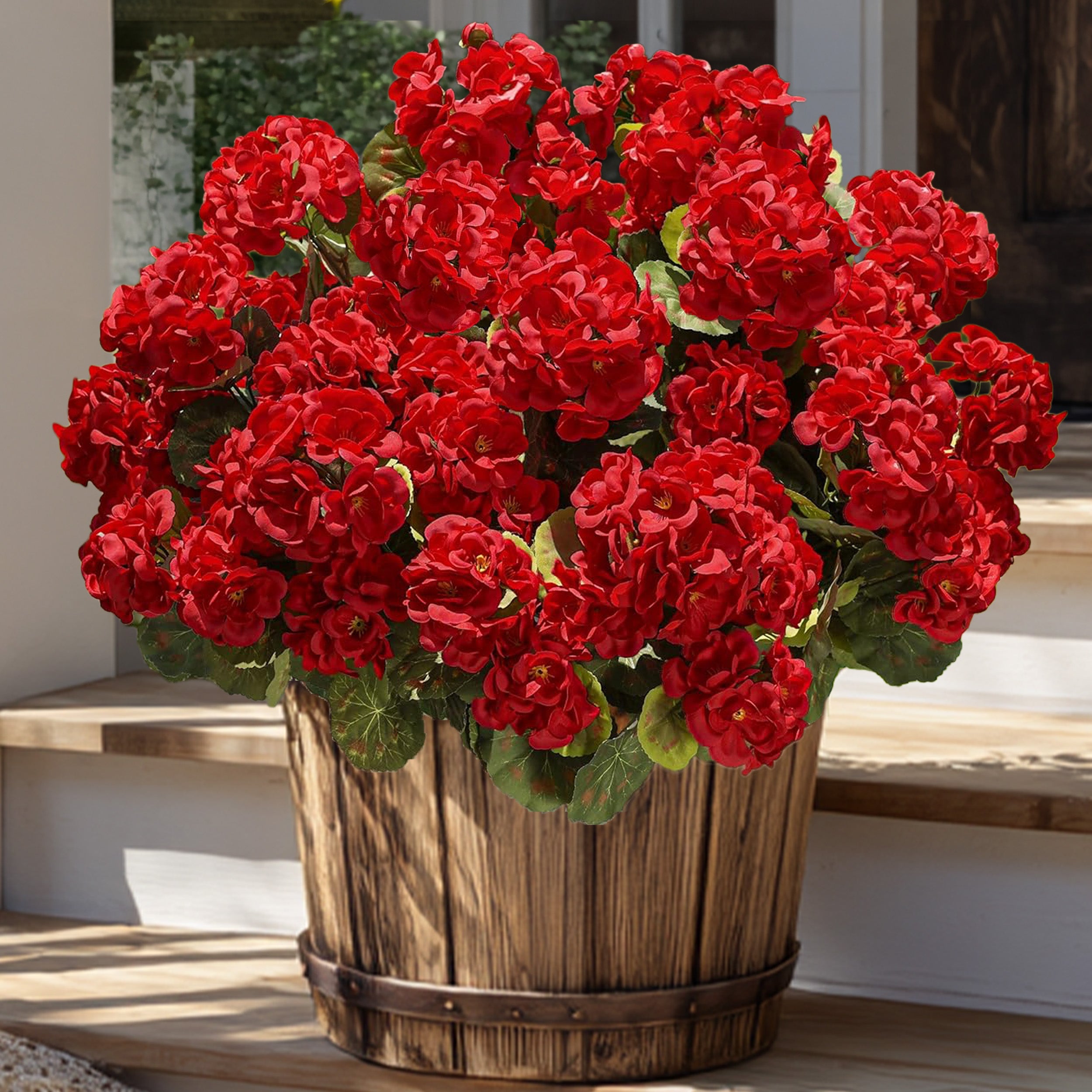 UV Resistant Artificial Geraniums for Outdoors, 8 Bundles Red Faux Flowers