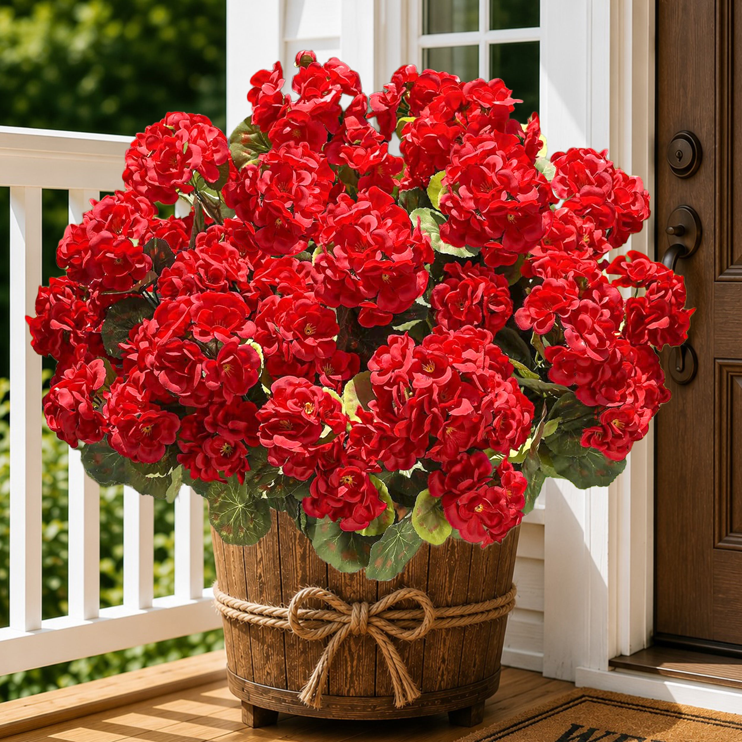 UV Resistant Artificial Geraniums for Outdoors, 8 Bundles Red Faux Flowers