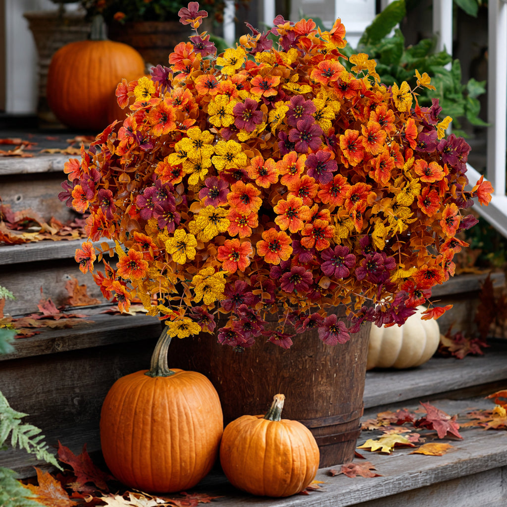 AXYLEX Artificial Fall Flowers Outdoor Fake Mums (BrownOrangeYellow, 16) | 16 bundles UV resistant faux mulled-tone fall blooms, no fade – porch, patio, window box & autumn home decor