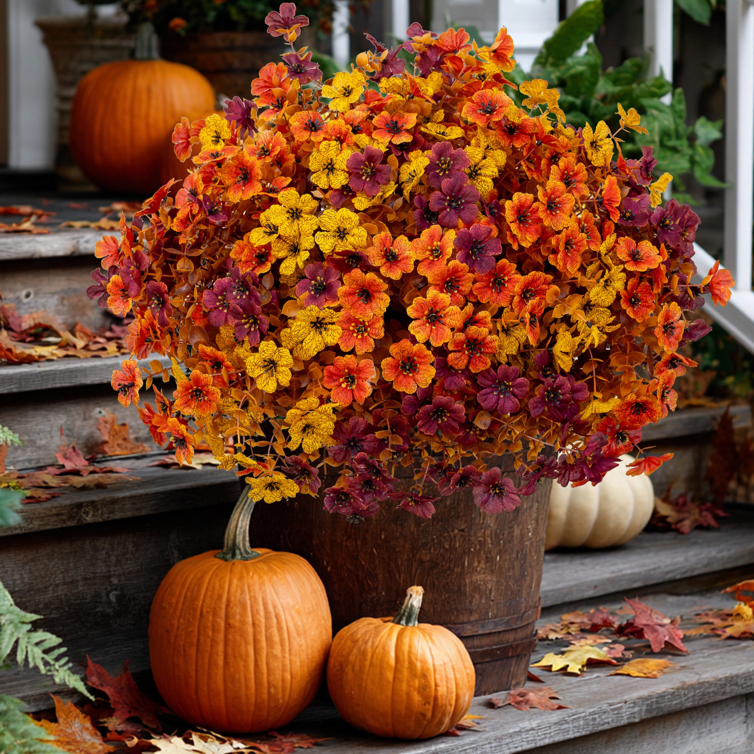 AXYLEX Artificial Fall Flowers Outdoor Fake Mums (BrownOrangeYellow, 16) | 16 bundles UV resistant faux mulled-tone fall blooms, no fade – porch, patio, window box & autumn home decor