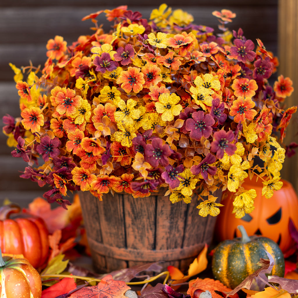 AXYLEX Artificial Fall Flowers Outdoor Fake Mums (BrownOrangeYellow, 16) | 16 bundles UV resistant faux mulled-tone fall blooms, no fade – porch, patio, window box & autumn home decor