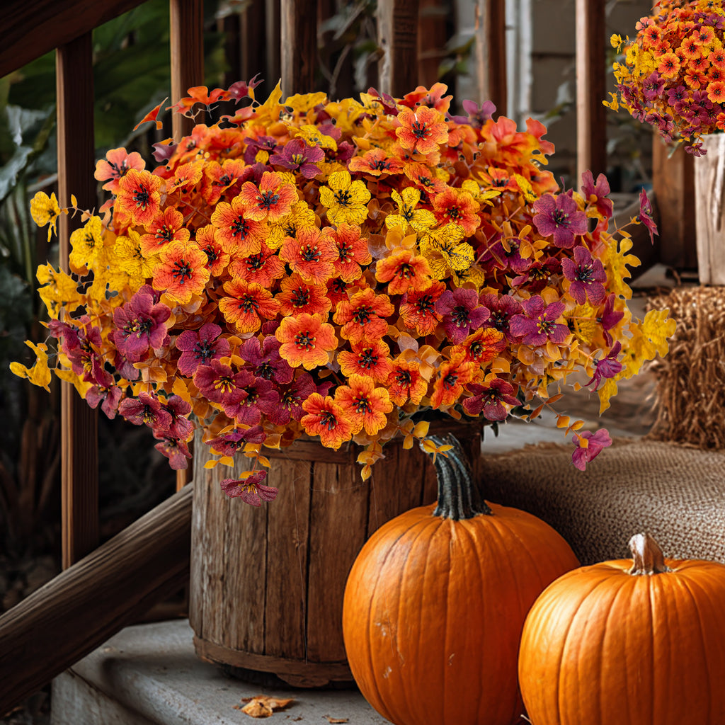 AXYLEX Artificial Fall Flowers Outdoor Fake Mums (BrownOrangeYellow, 16) | 16 bundles UV resistant faux mulled-tone fall blooms, no fade – porch, patio, window box & autumn home decor