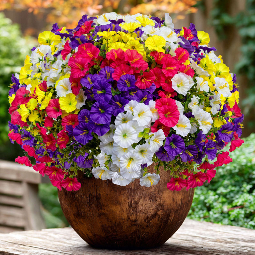 16 bundles of artificial petunias - UV resistant no fade fake outdoor flowers for planters and window boxes