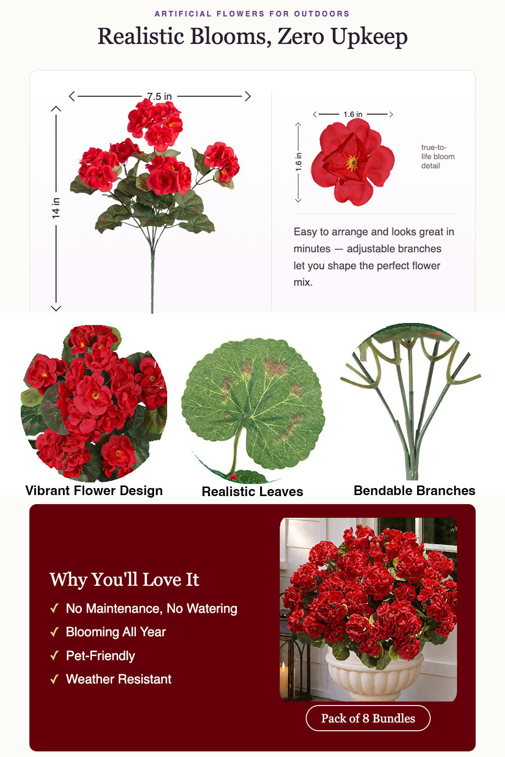 UV Resistant Artificial Geraniums for Outdoors, 8 Bundles Red Faux Flowers