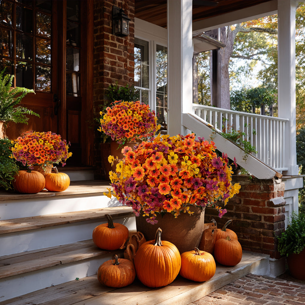 AXYLEX Artificial Fall Flowers Outdoor Fake Mums (BrownOrangeYellow, 16) | 16 bundles UV resistant faux mulled-tone fall blooms, no fade – porch, patio, window box & autumn home decor
