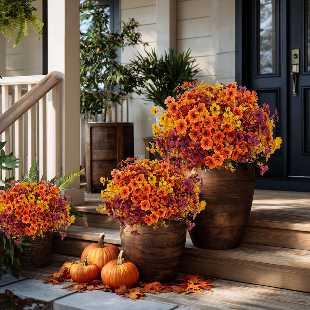 AXYLEX Artificial Fall Flowers Outdoor Fake Mums (BrownOrangeYellow, 16) | 16 bundles UV resistant faux mulled-tone fall blooms, no fade – porch, patio, window box & autumn home decor