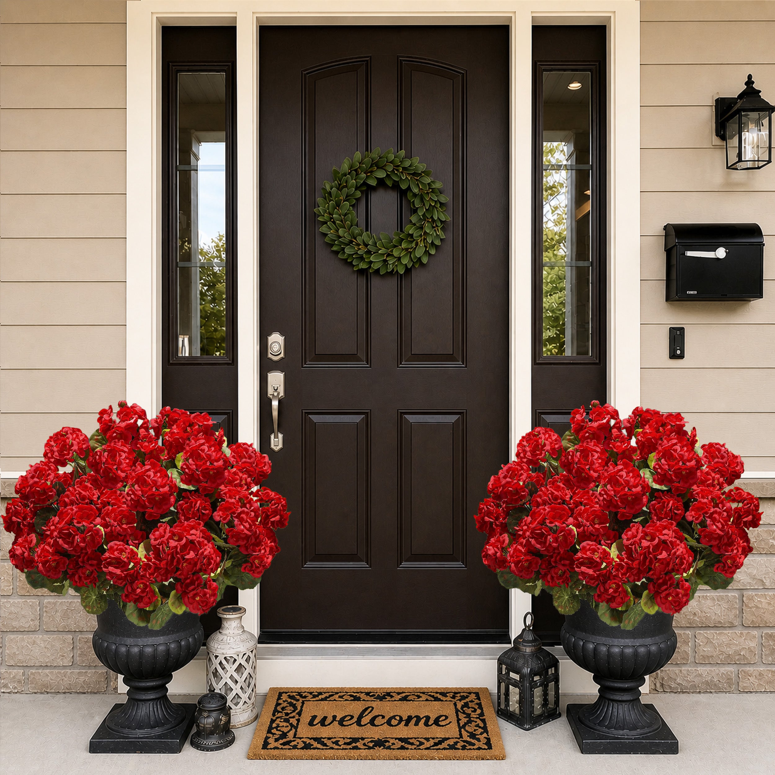 UV Resistant Artificial Geraniums for Outdoors, 8 Bundles Red Faux Flowers