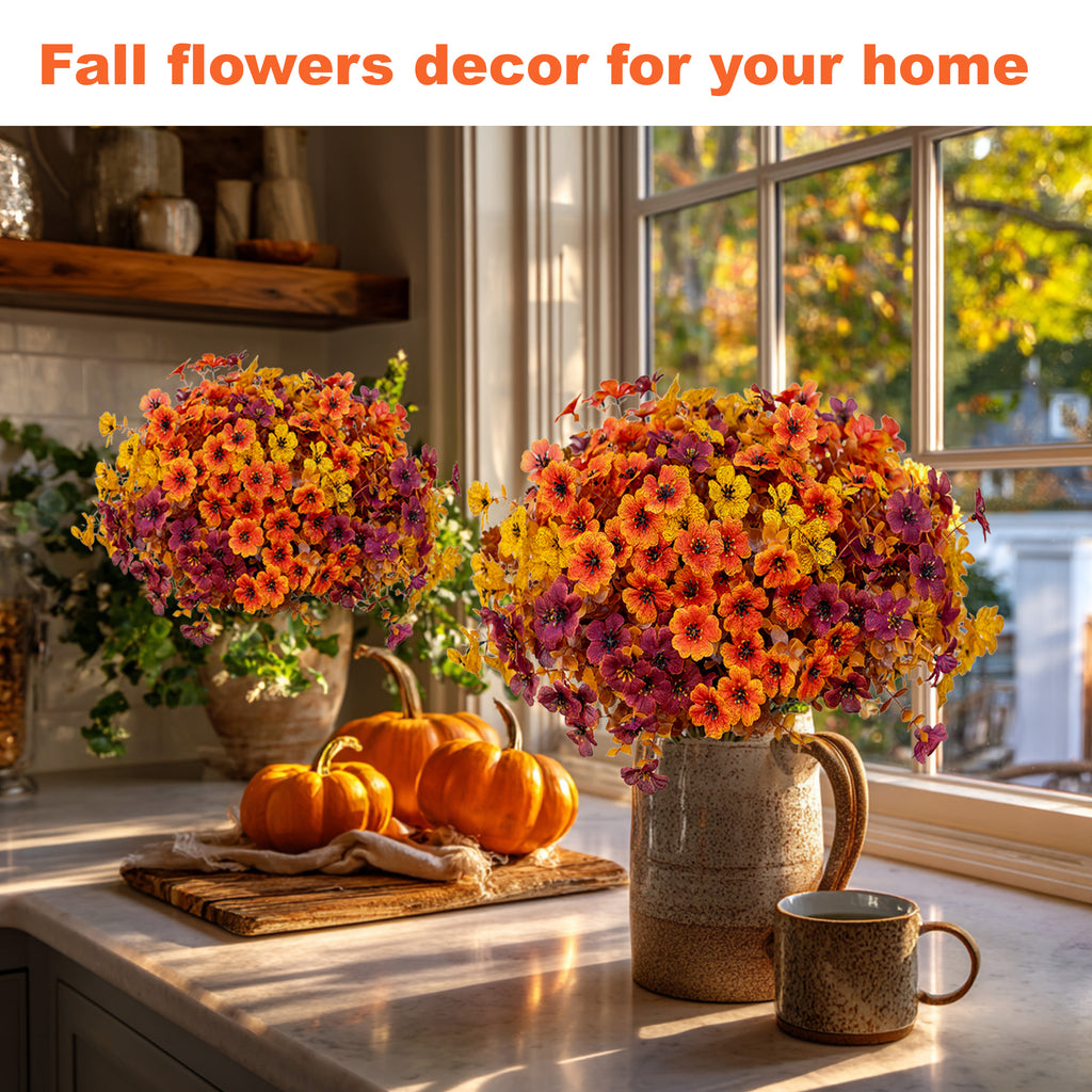 AXYLEX Artificial Fall Flowers Outdoor Fake Mums (BrownOrangeYellow, 16) | 16 bundles UV resistant faux mulled-tone fall blooms, no fade – porch, patio, window box & autumn home decor