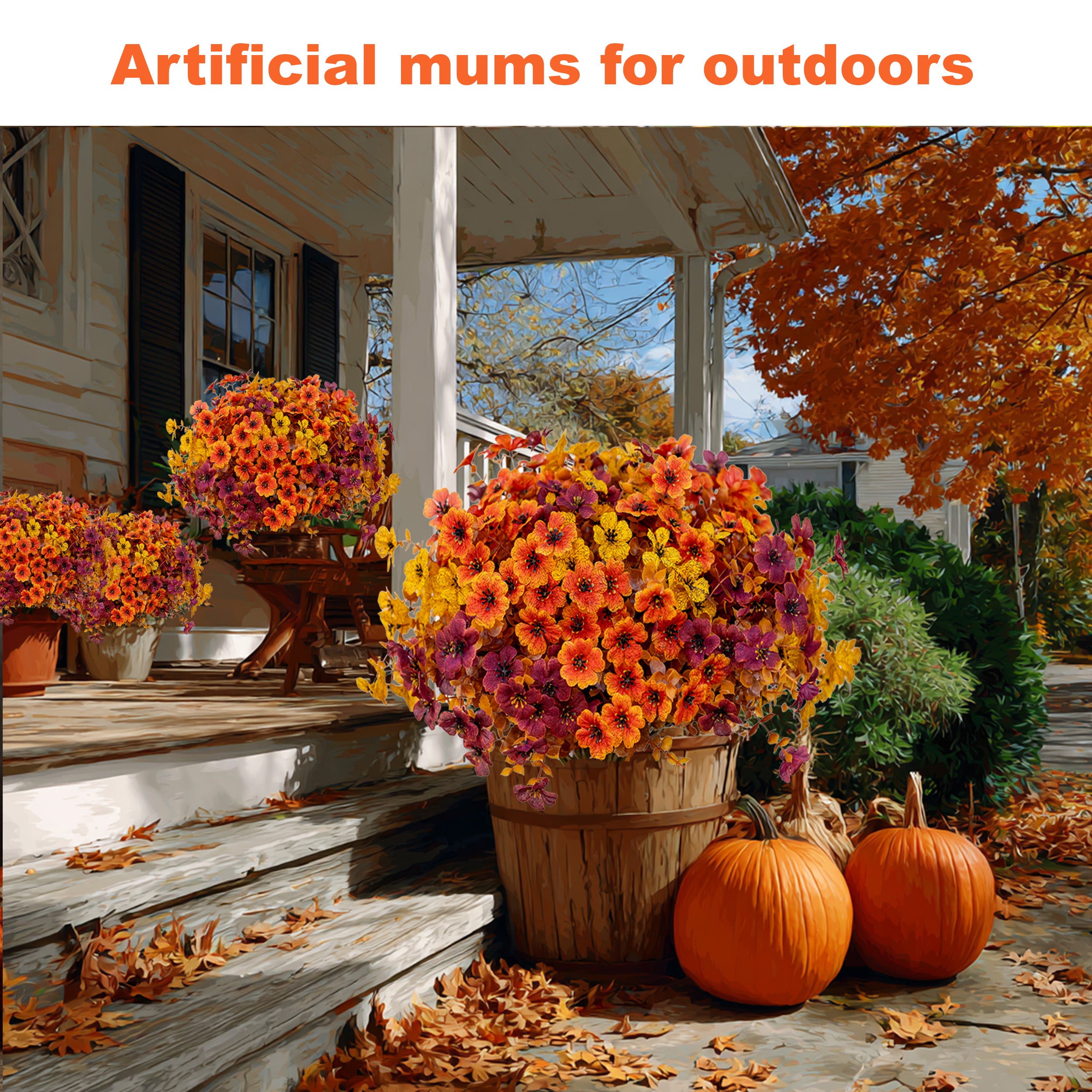 AXYLEX Artificial Fall Flowers Outdoor Fake Mums (BrownOrangeYellow, 16) | 16 bundles UV resistant faux mulled-tone fall blooms, no fade – porch, patio, window box & autumn home decor