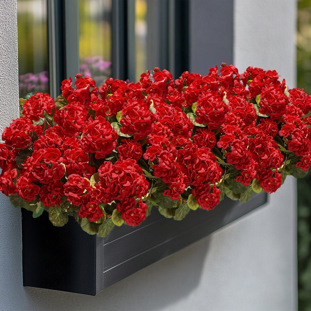 UV Resistant Artificial Geraniums for Outdoors, 8 Bundles Red Faux Flowers