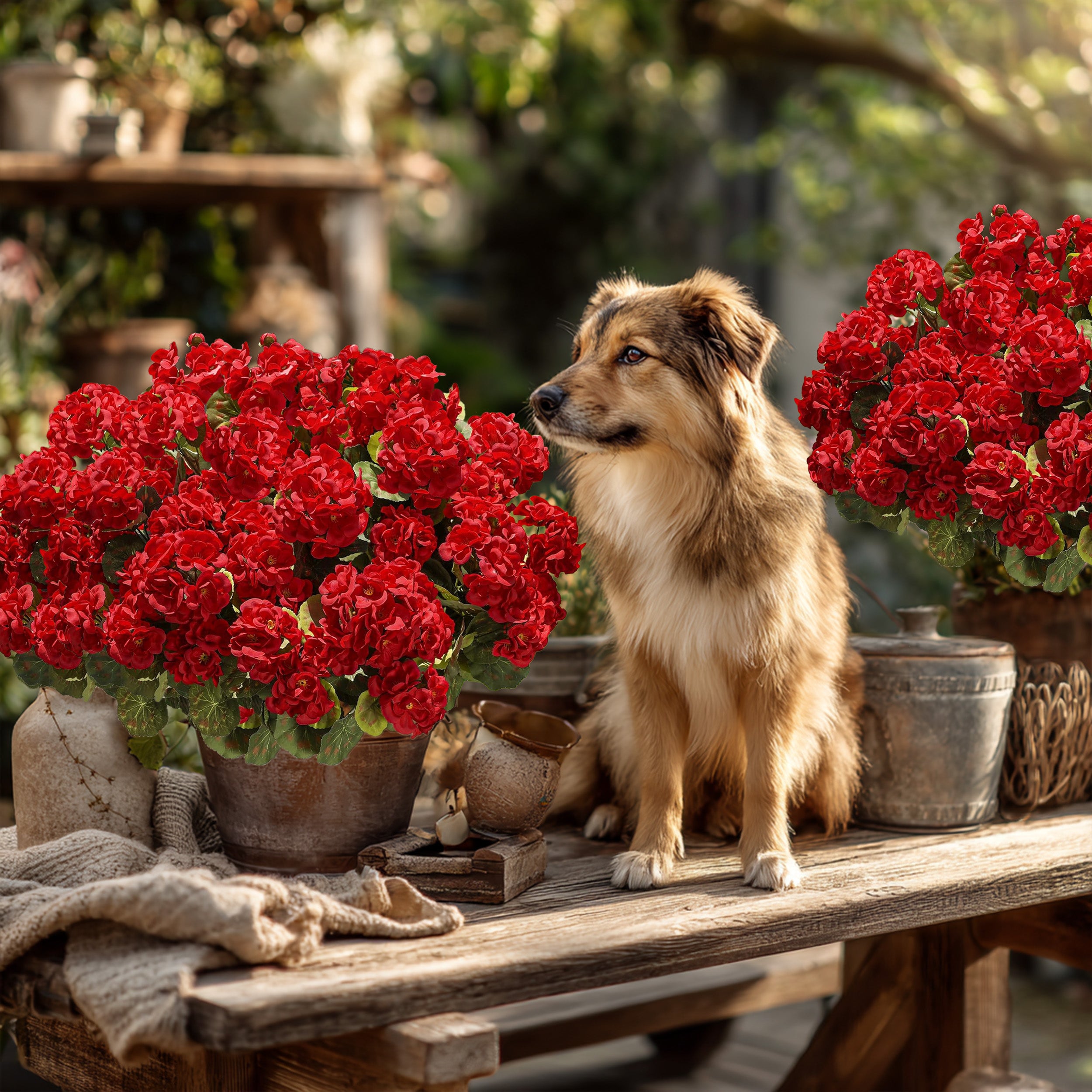 UV Resistant Artificial Geraniums for Outdoors, 8 Bundles Red Faux Flowers