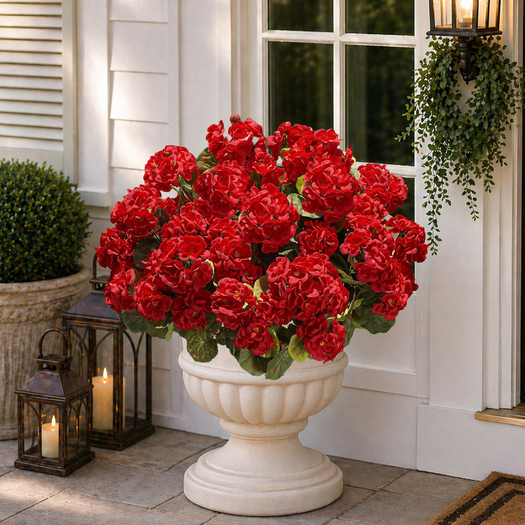 UV Resistant Artificial Geraniums for Outdoors, 8 Bundles Red Faux Flowers