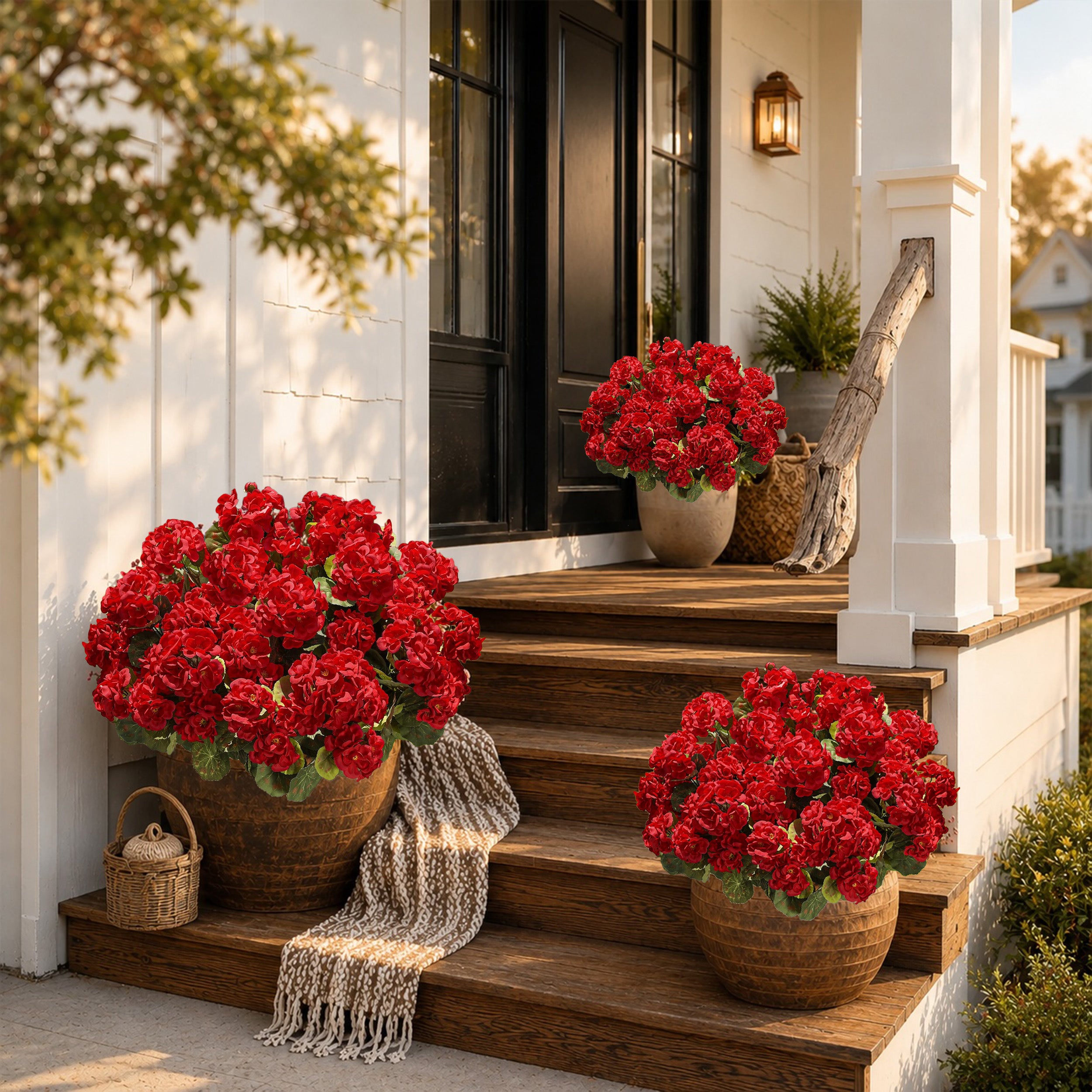 UV Resistant Artificial Geraniums for Outdoors, 8 Bundles Red Faux Flowers