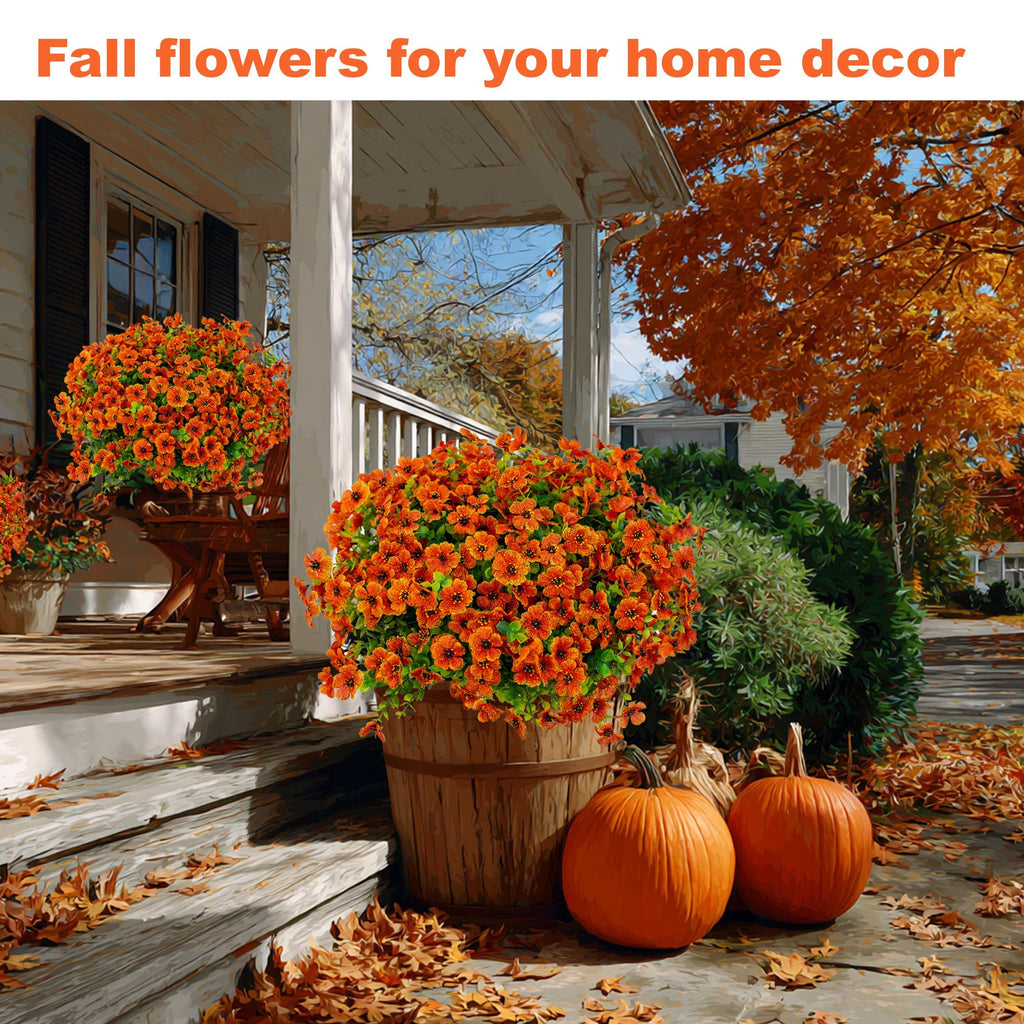 Artificial Mums Flowers: UV Resistant Red-Orange Fall Decor