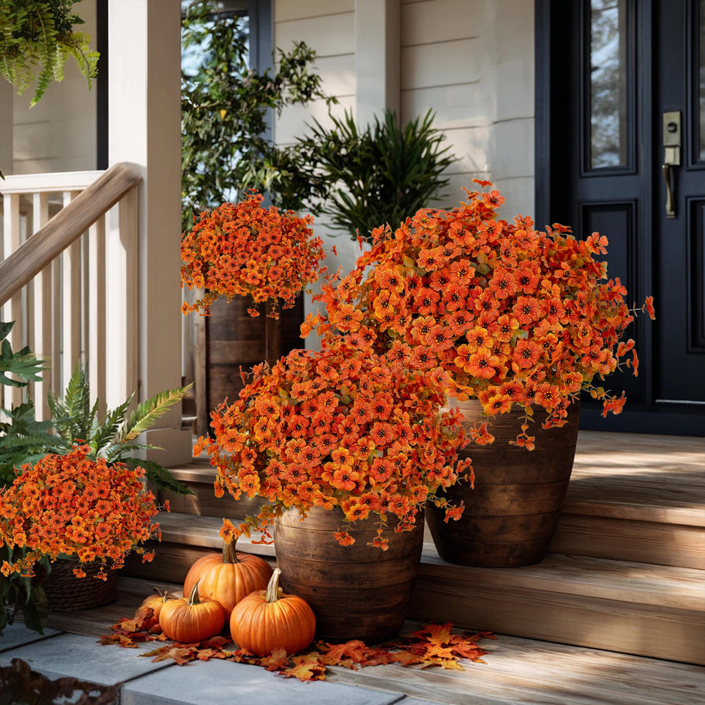 Artificial Mums Flowers: UV Resistant Outdoor Fall Decor - Green & Orange