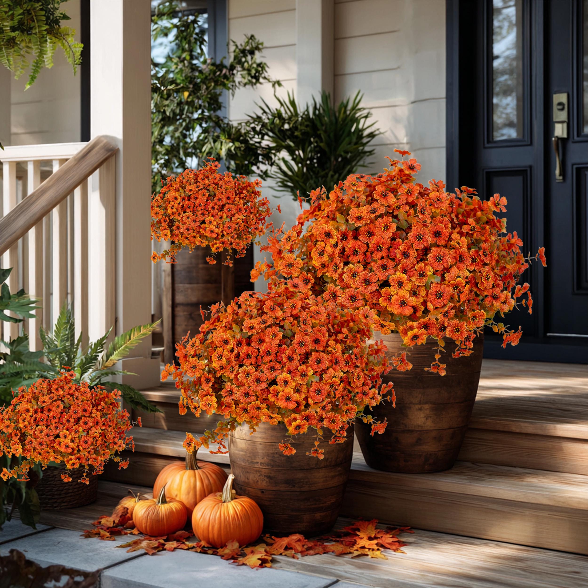 Artificial Mums Flowers: UV Resistant Outdoor Fall Decor - Green & Orange