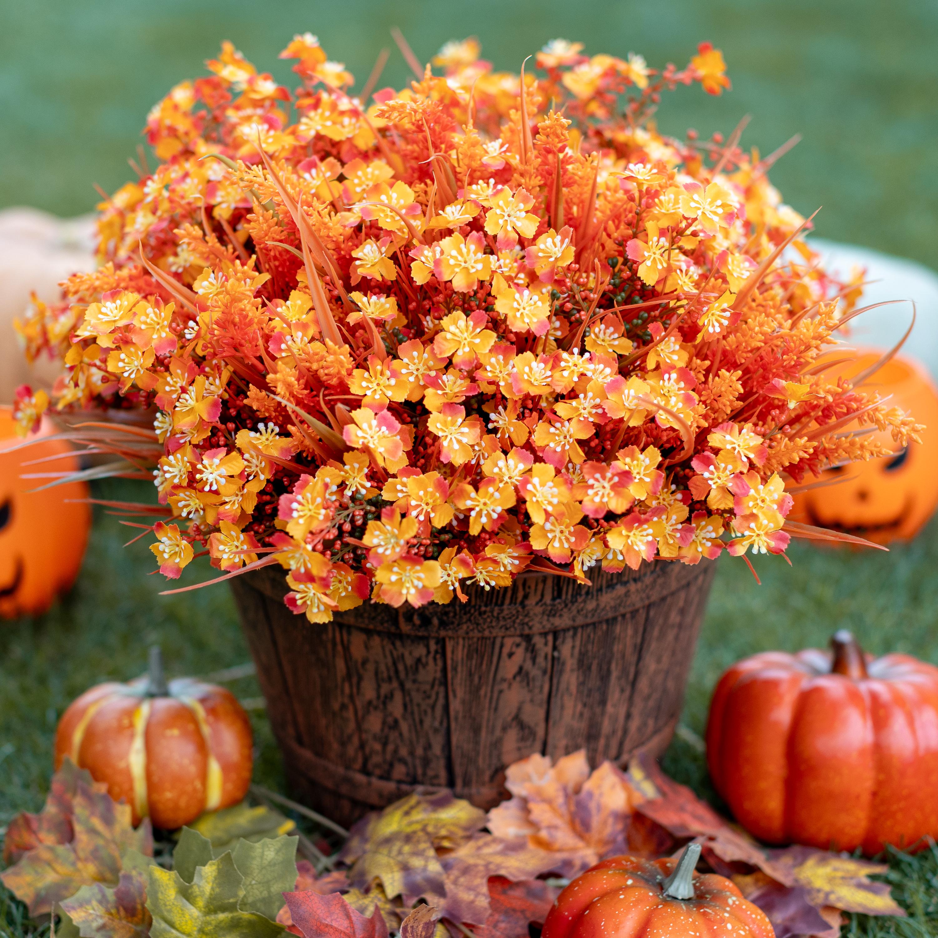 Artificial Mums Flowers: UV Resistant Orange Fall Decor, 16 Bundles