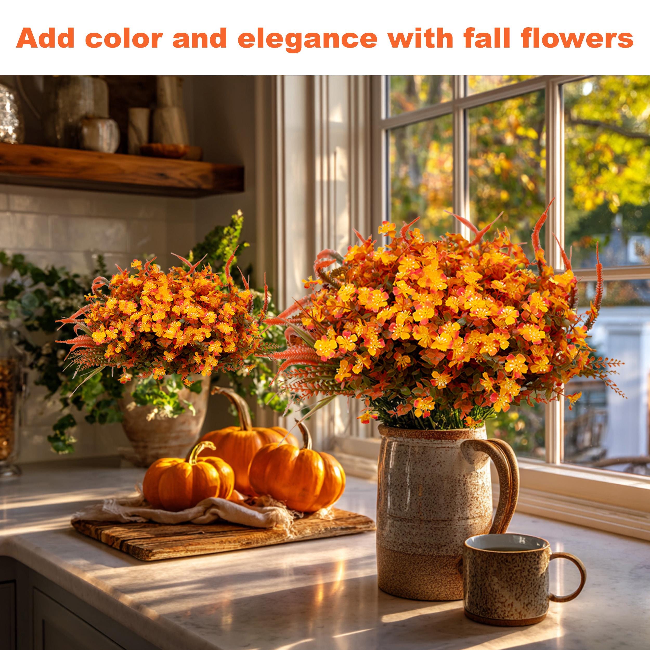 Artificial Mums Flowers: UV Resistant Outdoor Fall Decor - Orange & Green