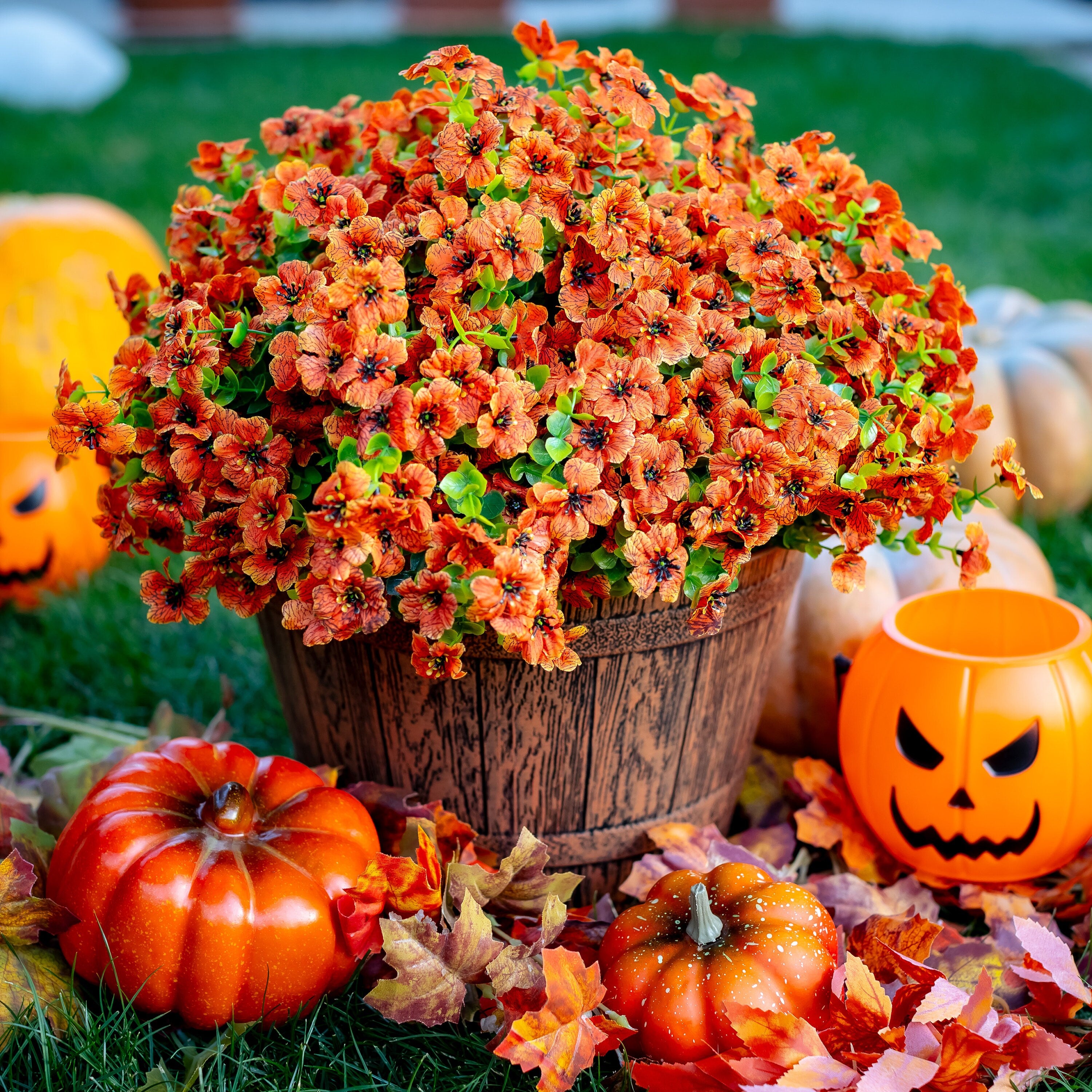 Artificial Mums Flowers: UV Resistant Red-Orange Fall Decor
