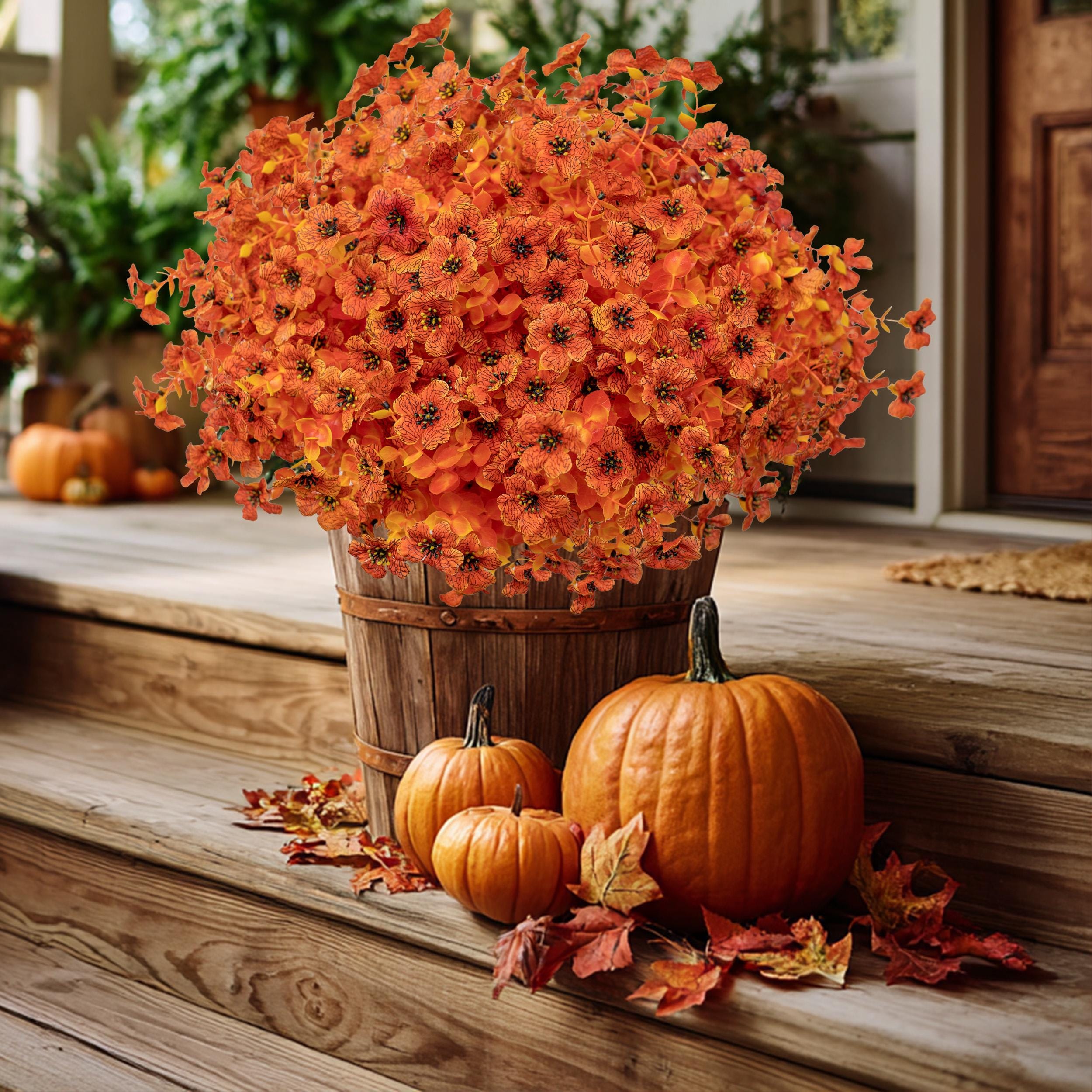 Artificial Mums Flowers: UV Resistant Orange & Yellow Fall Decor