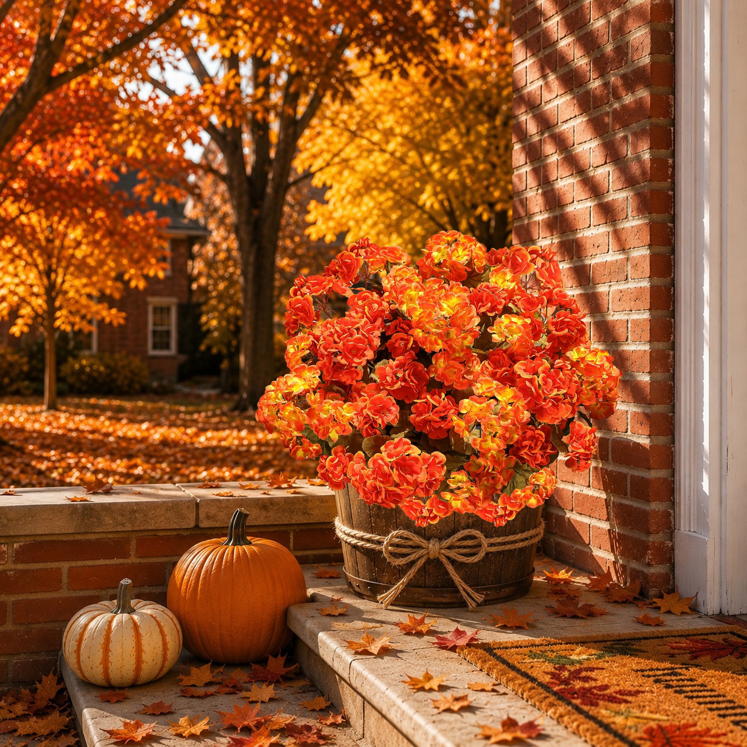 AXYLEX Artificial Geraniums for Outdoors, Fall Orange Yellow Mix 8 bundles UV resistant silk fall geraniums & mums, no fade – porch, patio, window box, garden & home autumn decor