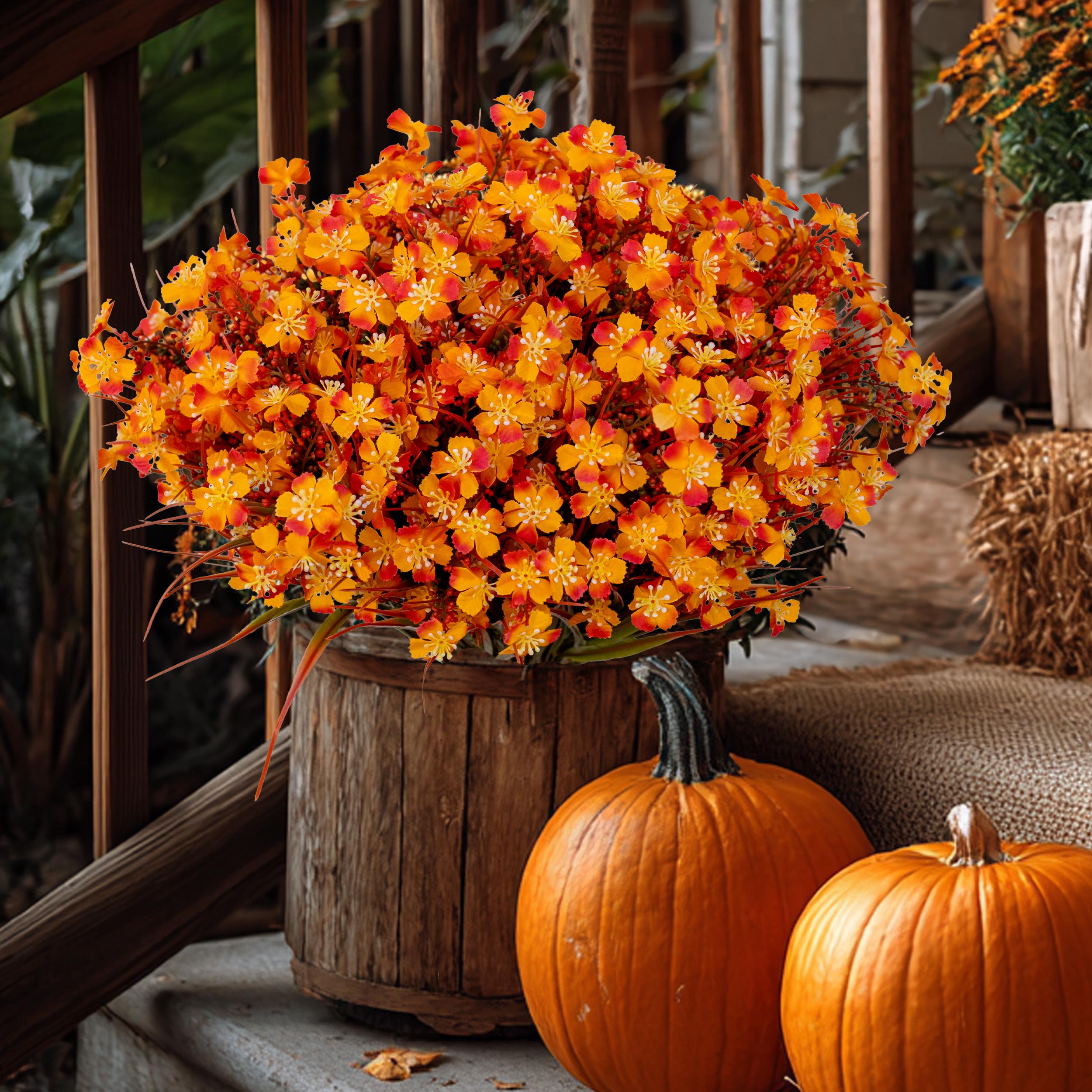 Artificial Mums Flowers: UV Resistant Outdoor Fall Decor - Orange & Green
