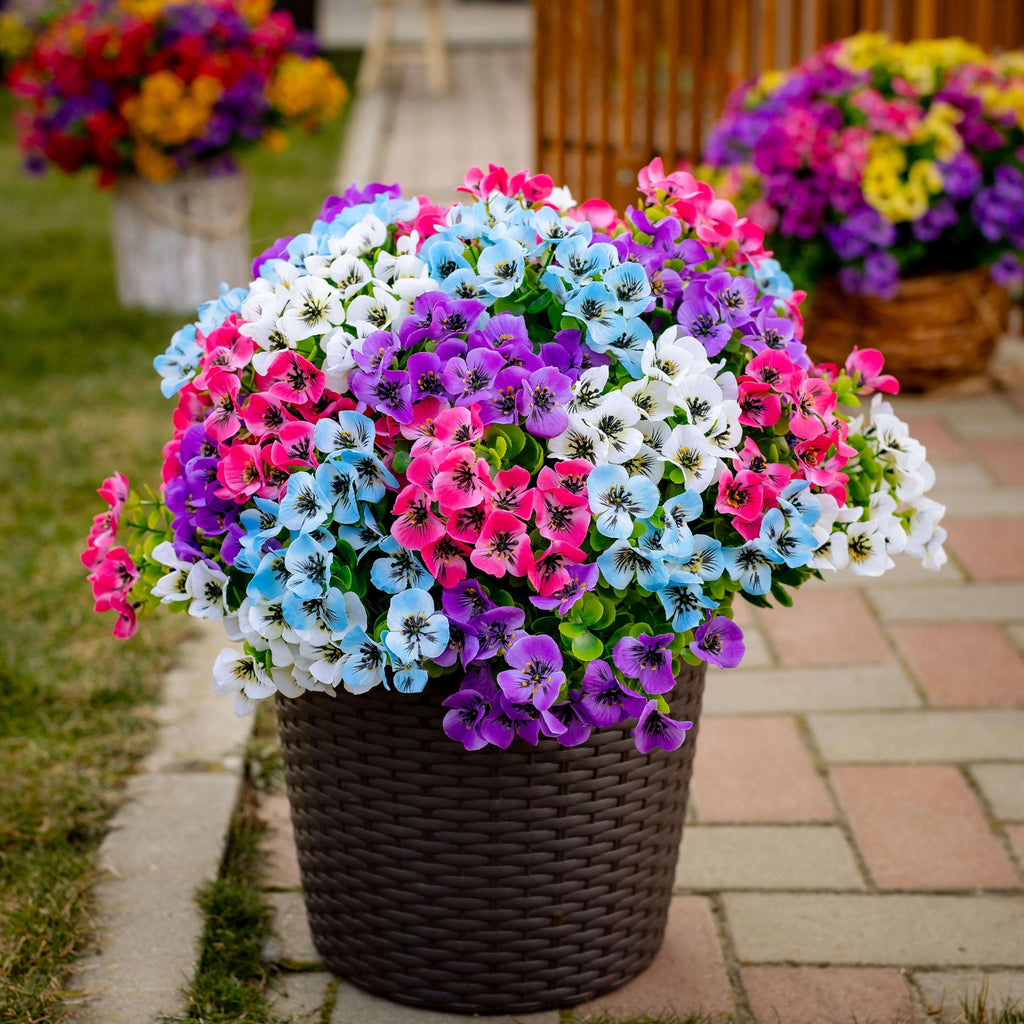 UV Resistant Artificial Pansies: Multi Color Faux Outdoor Flowers