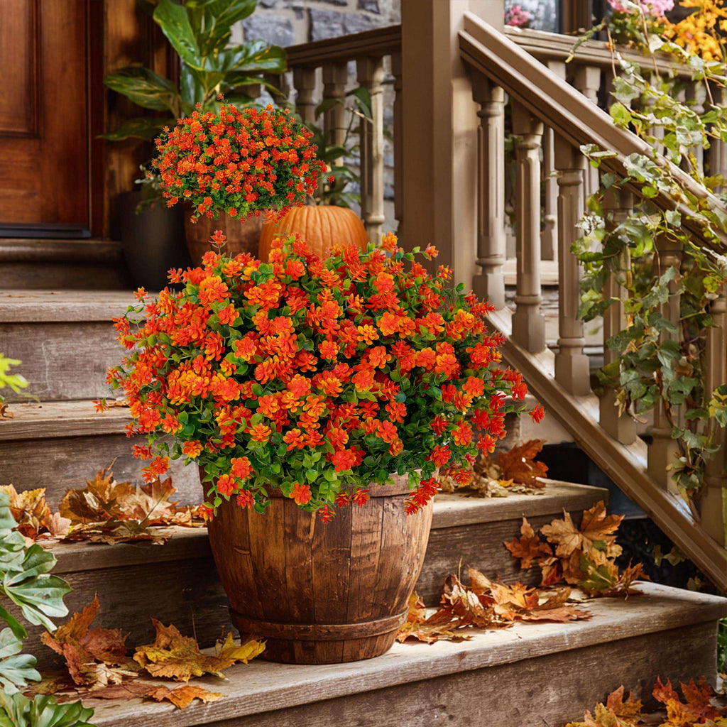 Artificial Mums Flowers: UV Resistant Orange Faux Shrubs