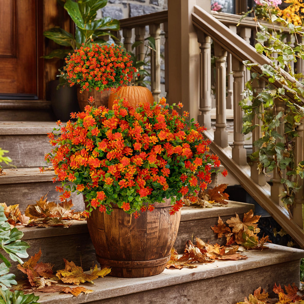 Artificial Mums Flowers: UV Resistant Orange Faux Shrubs