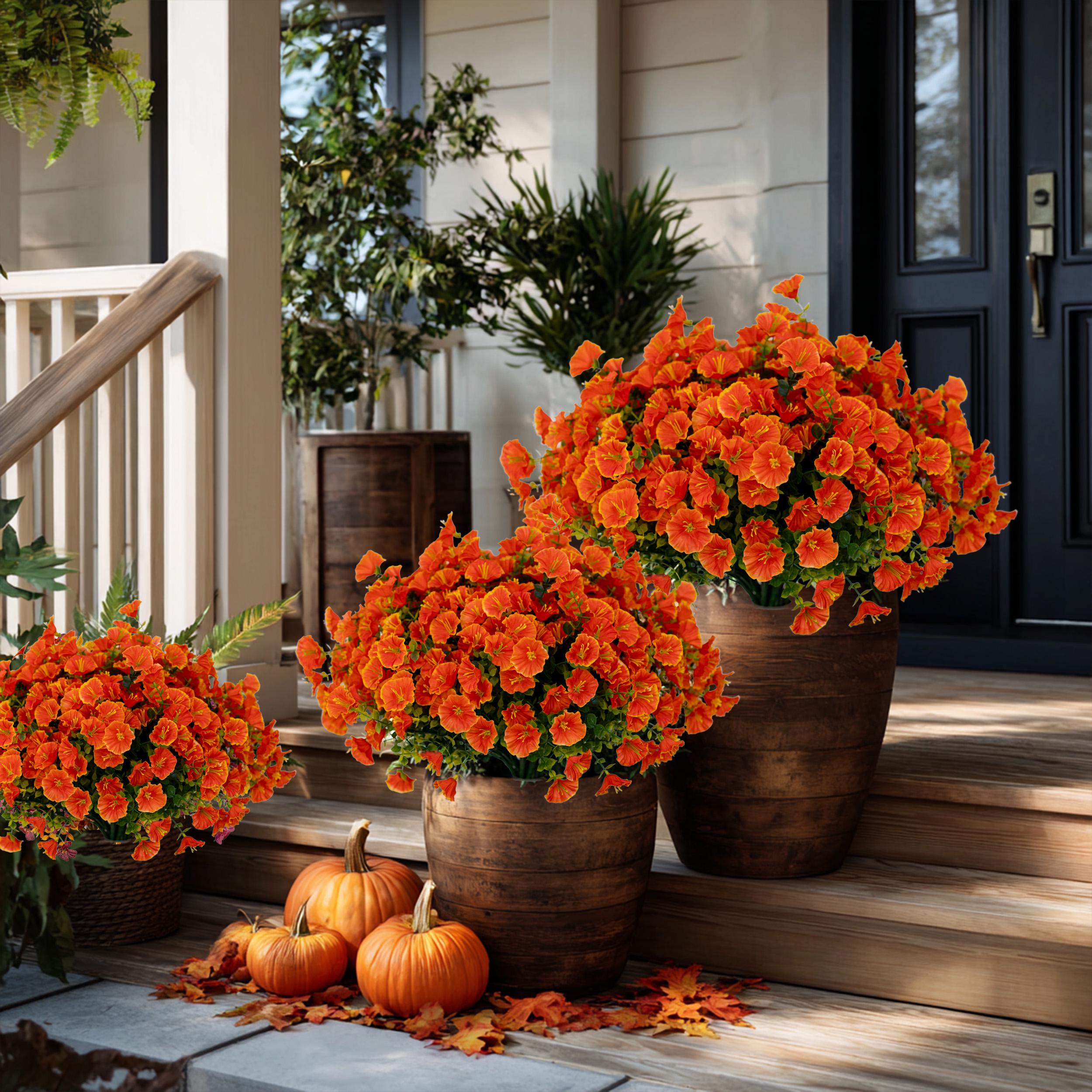 Artificial Mums Flowers: UV Resistant Outdoor Fall Decor - Orange Yellow