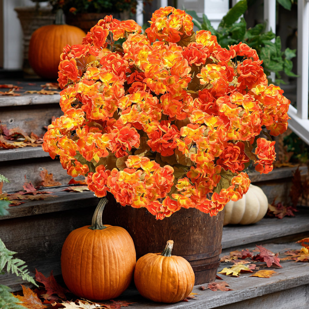 AXYLEX Artificial Geraniums for Outdoors, Fall Orange Yellow Mix 8 bundles UV resistant silk fall geraniums & mums, no fade – porch, patio, window box, garden & home autumn decor