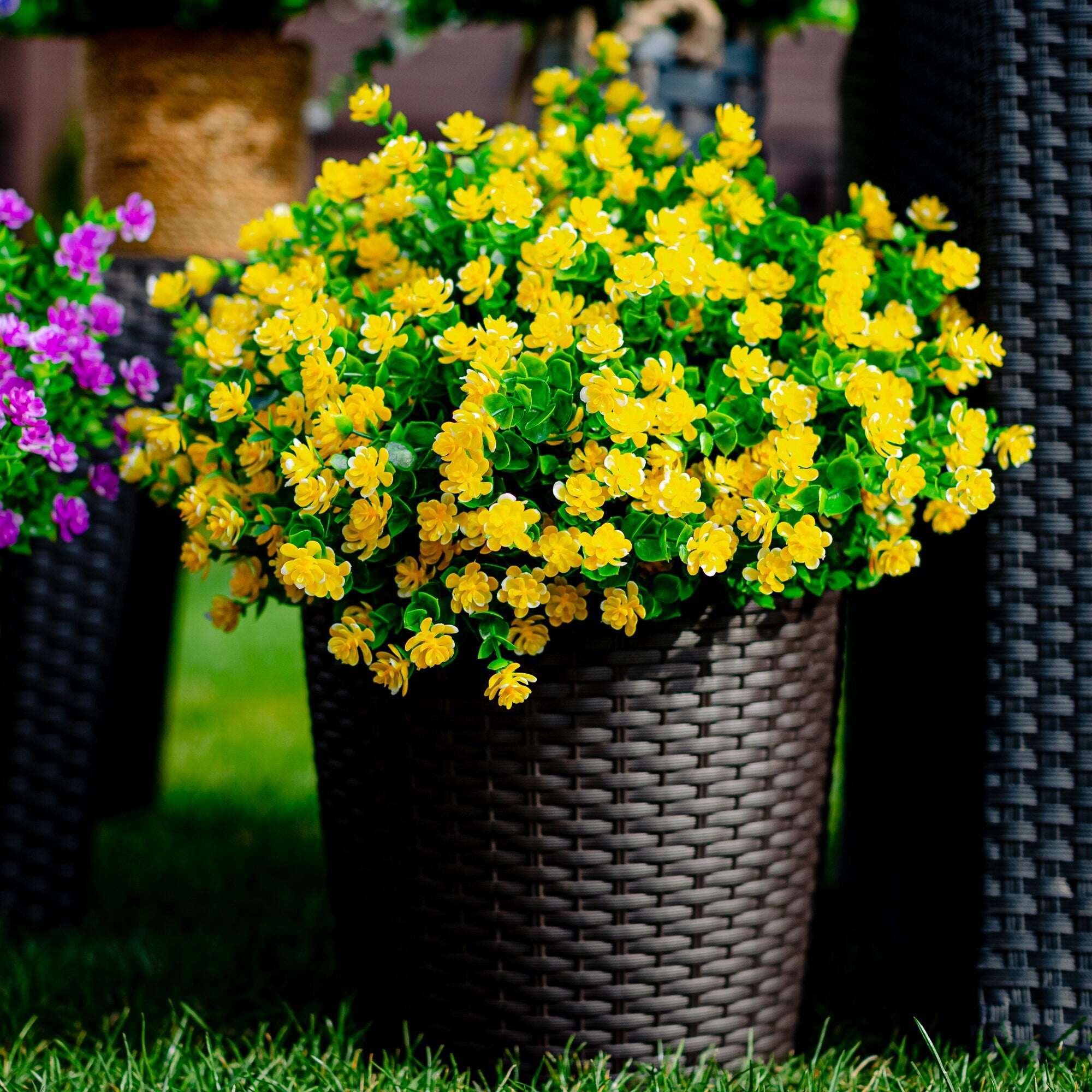 Yellow Artificial Flowers: UV Resistant Outdoor Faux Shrubs - 24 Bundles