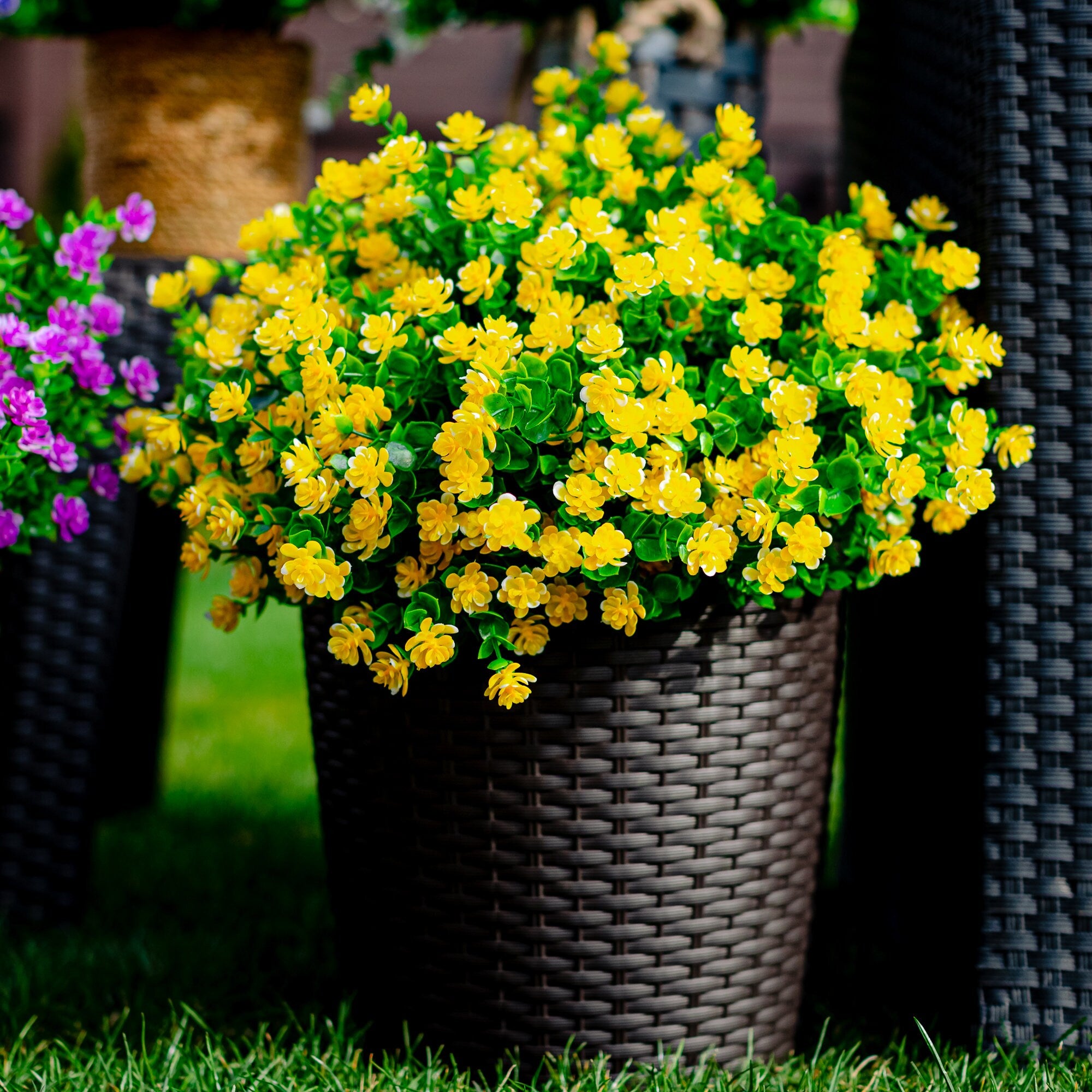 Yellow Artificial Flowers: UV Resistant Outdoor Faux Shrubs - 24 Bundles