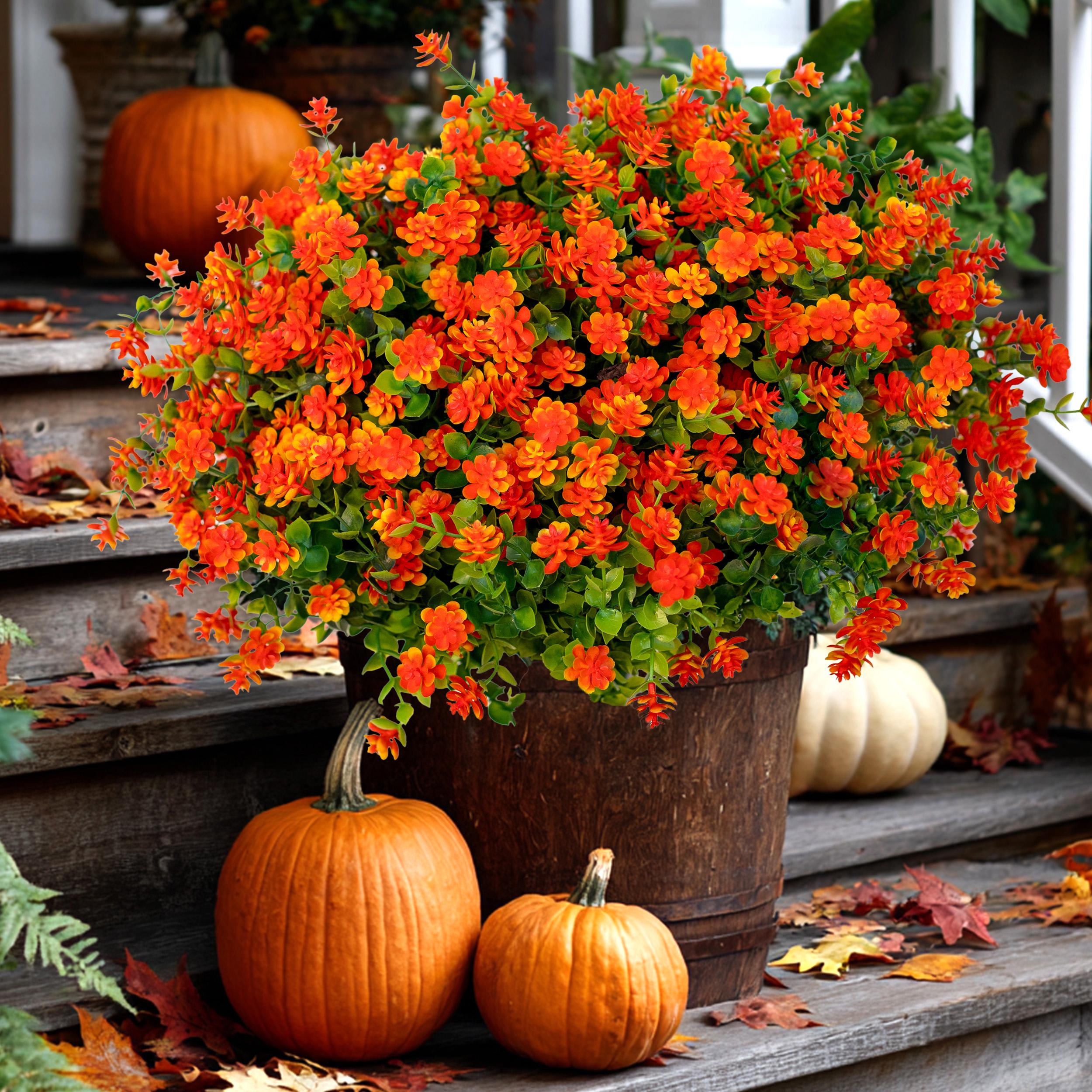 Artificial Mums Flowers: UV Resistant Orange Faux Shrubs