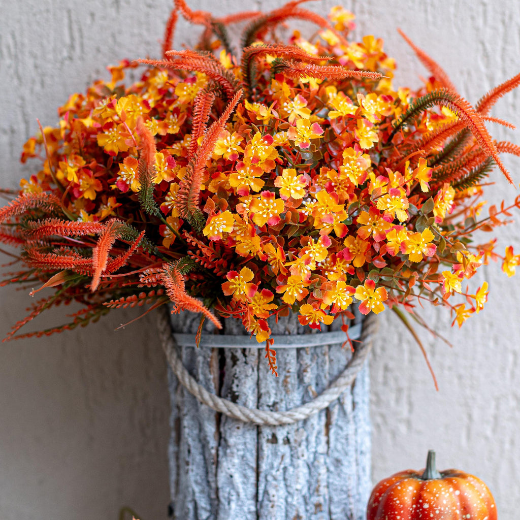 Artificial Mums Flowers: UV Resistant Outdoor Fall Decor - Orange & Green