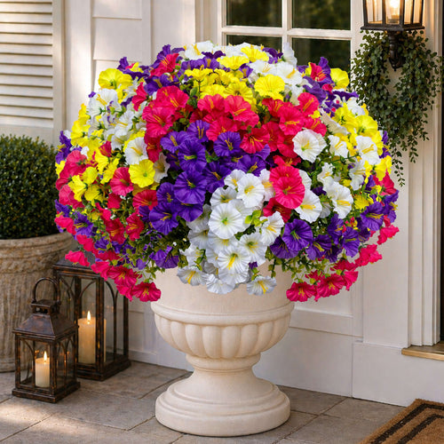 "Axylex UV-resistant artificial mixed petunias in decorative urn - faux outdoor flowers for porch decor