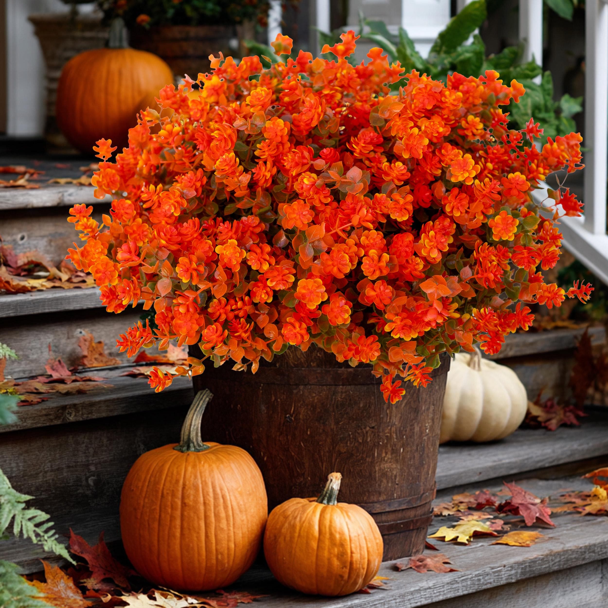 UV Resistant Artificial Mums: Outdoor Fake Flowers, Green & Orange