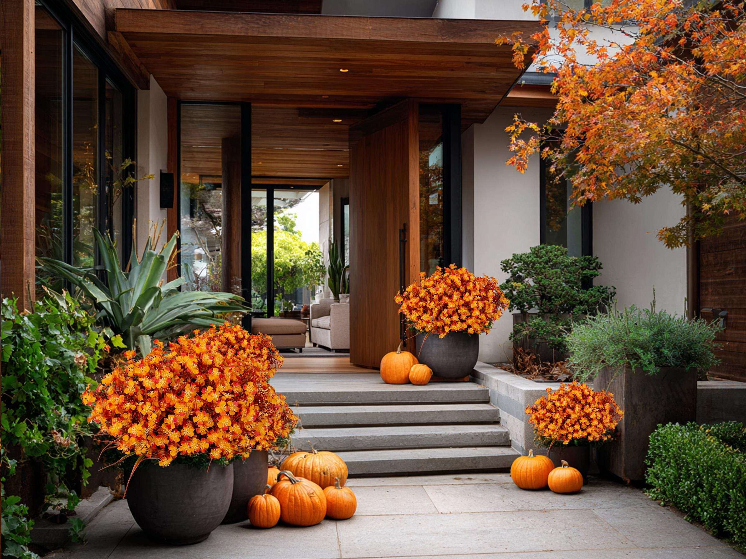 Artificial Mums Flowers: UV Resistant Outdoor Fall Decor - Orange & Green