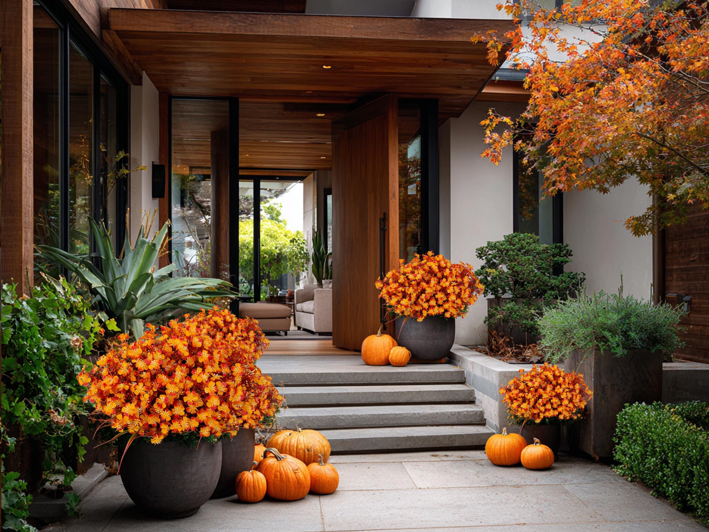 Artificial Mums Flowers: UV Resistant Outdoor Fall Decor - Orange & Green