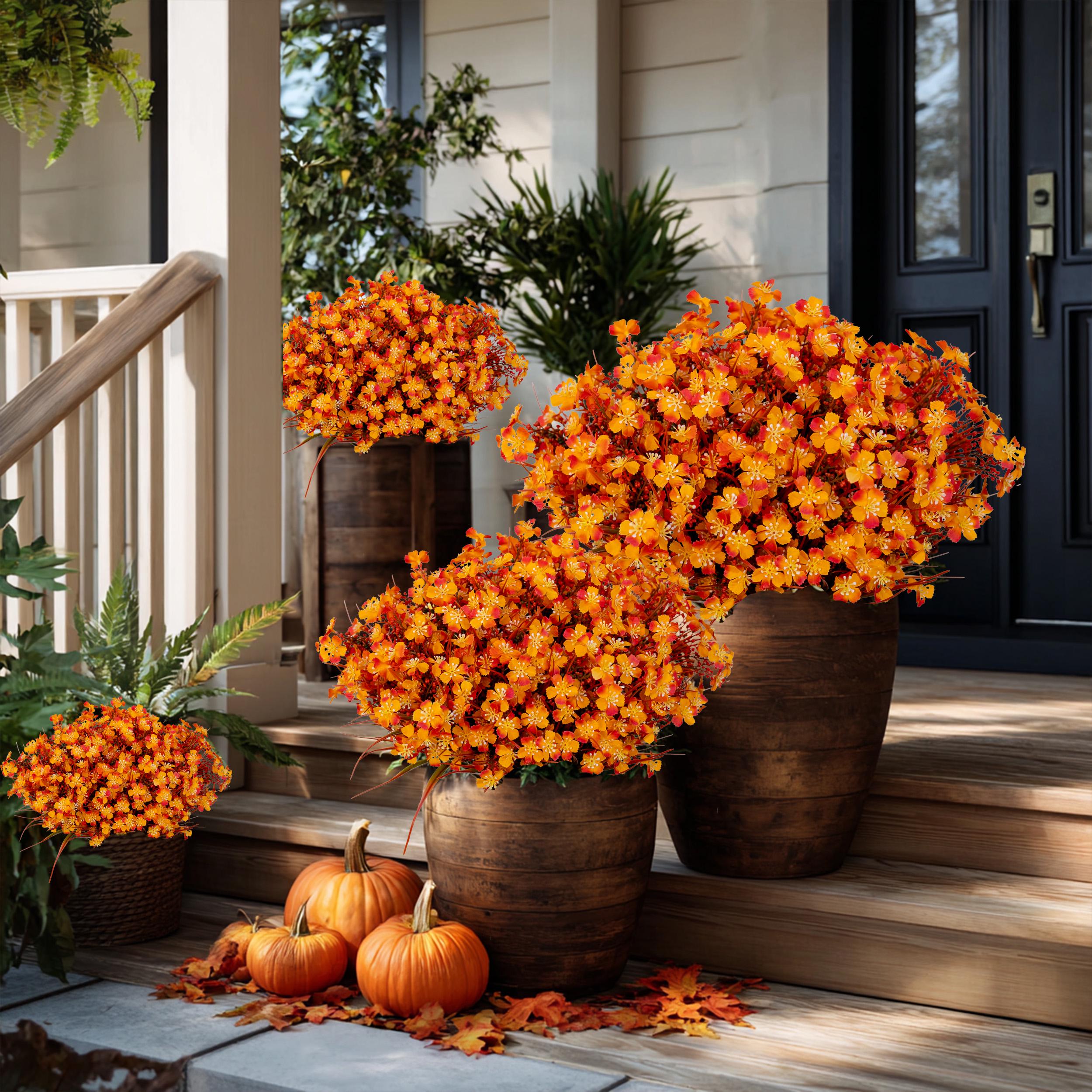 Artificial Mums Flowers: UV Resistant Outdoor Fall Decor - Orange & Green