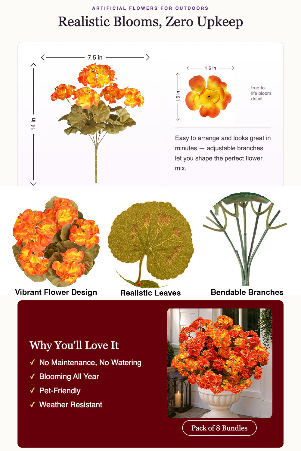 AXYLEX Artificial Geraniums for Outdoors, Fall Orange Yellow Mix 8 bundles UV resistant silk fall geraniums & mums, no fade – porch, patio, window box, garden & home autumn decor