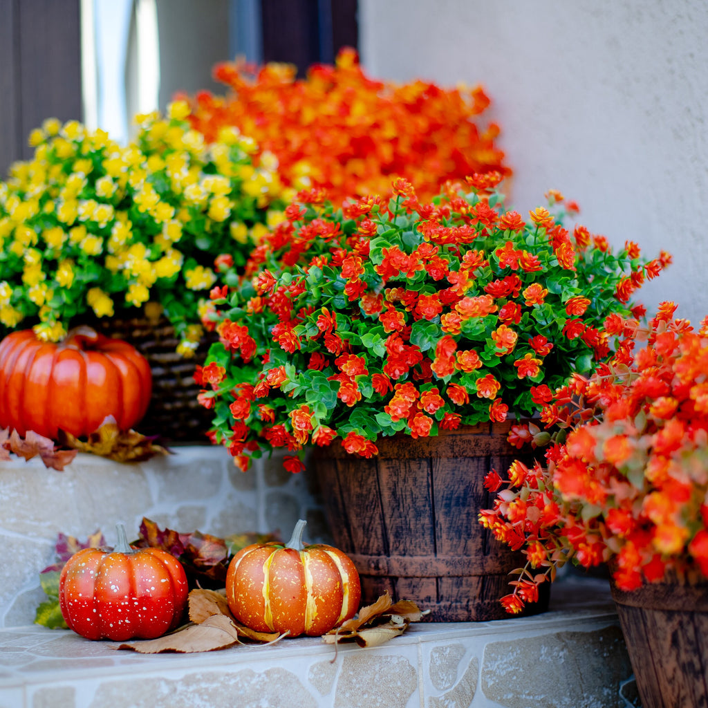 Artificial Mums Flowers: UV Resistant Orange Faux Shrubs