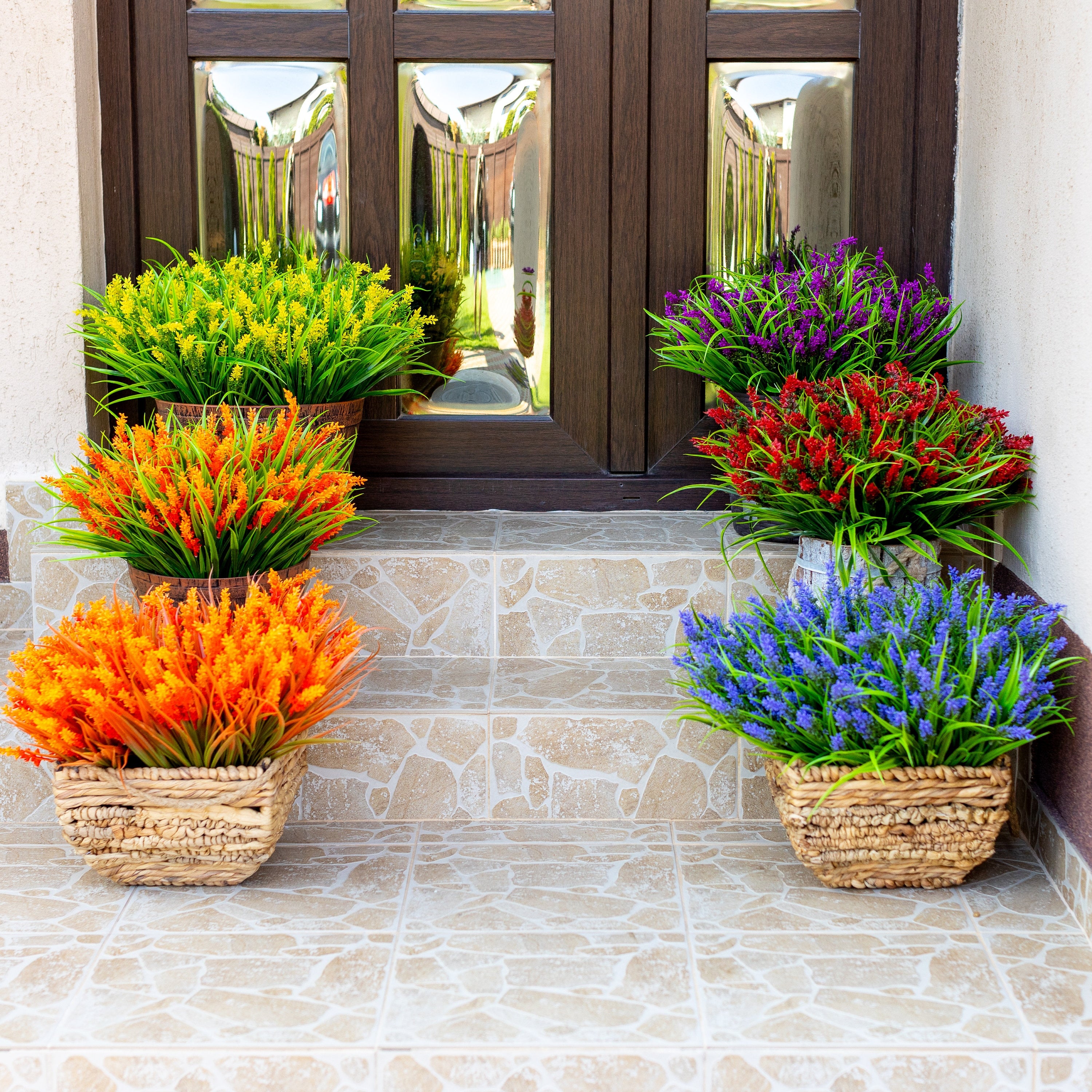 Red Artificial Lavender Flowers: UV Resistant Outdoor Faux Shrubs
