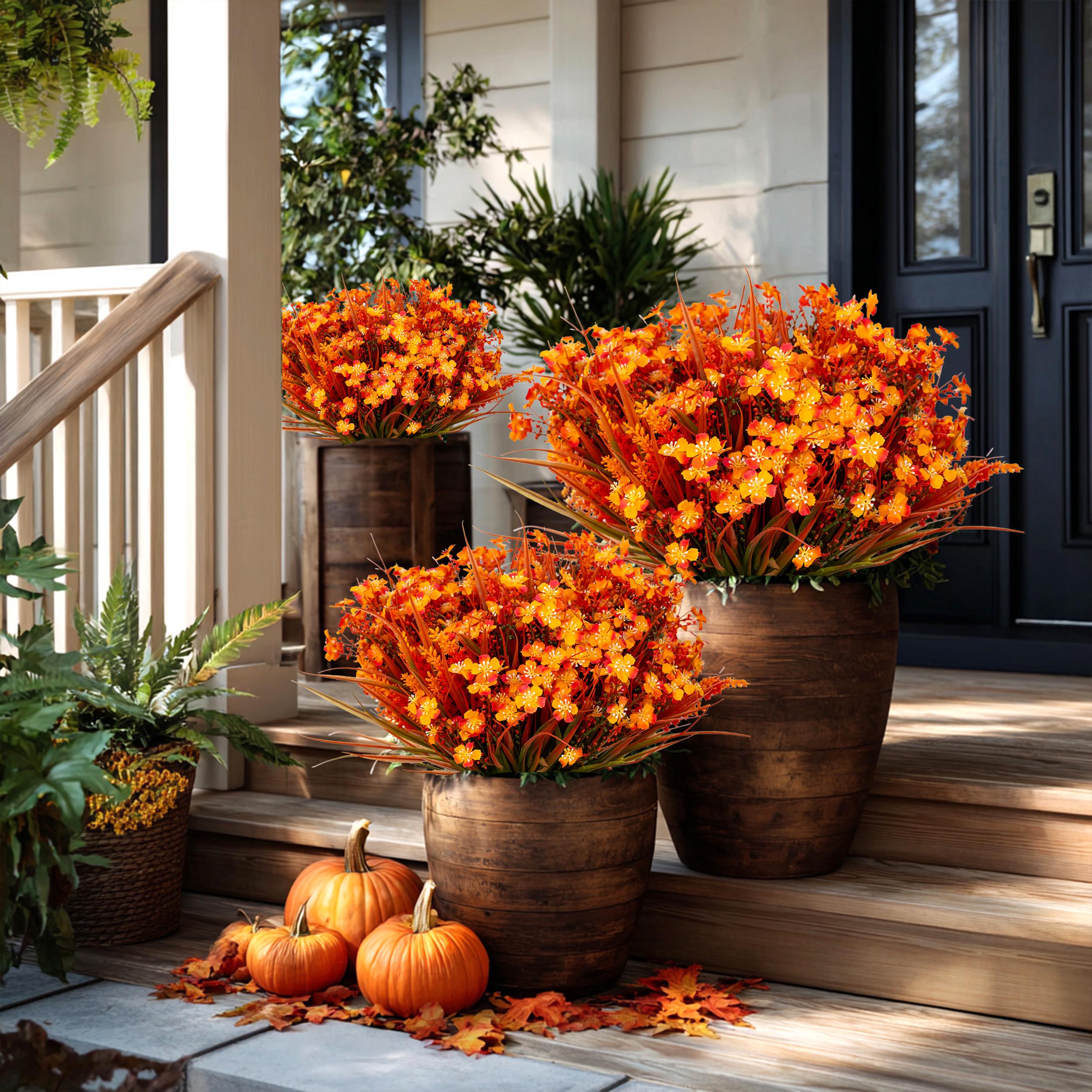 Artificial Mums Flowers: UV Resistant Orange Fall Decor, 16 Bundles
