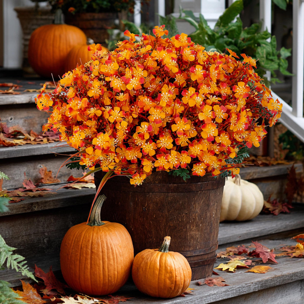 Artificial Mums Flowers: UV Resistant Outdoor Fall Decor - Orange & Green