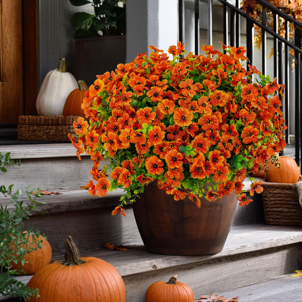 Artificial Mums Flowers: UV Resistant Red-Orange Fall Decor