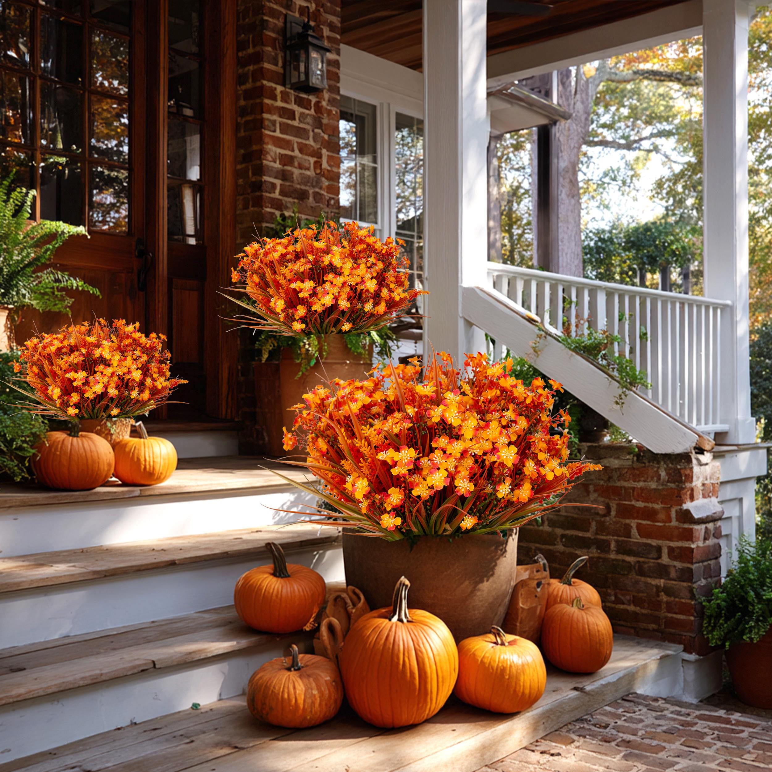 Artificial Mums Flowers: UV Resistant Orange Fall Decor, 16 Bundles
