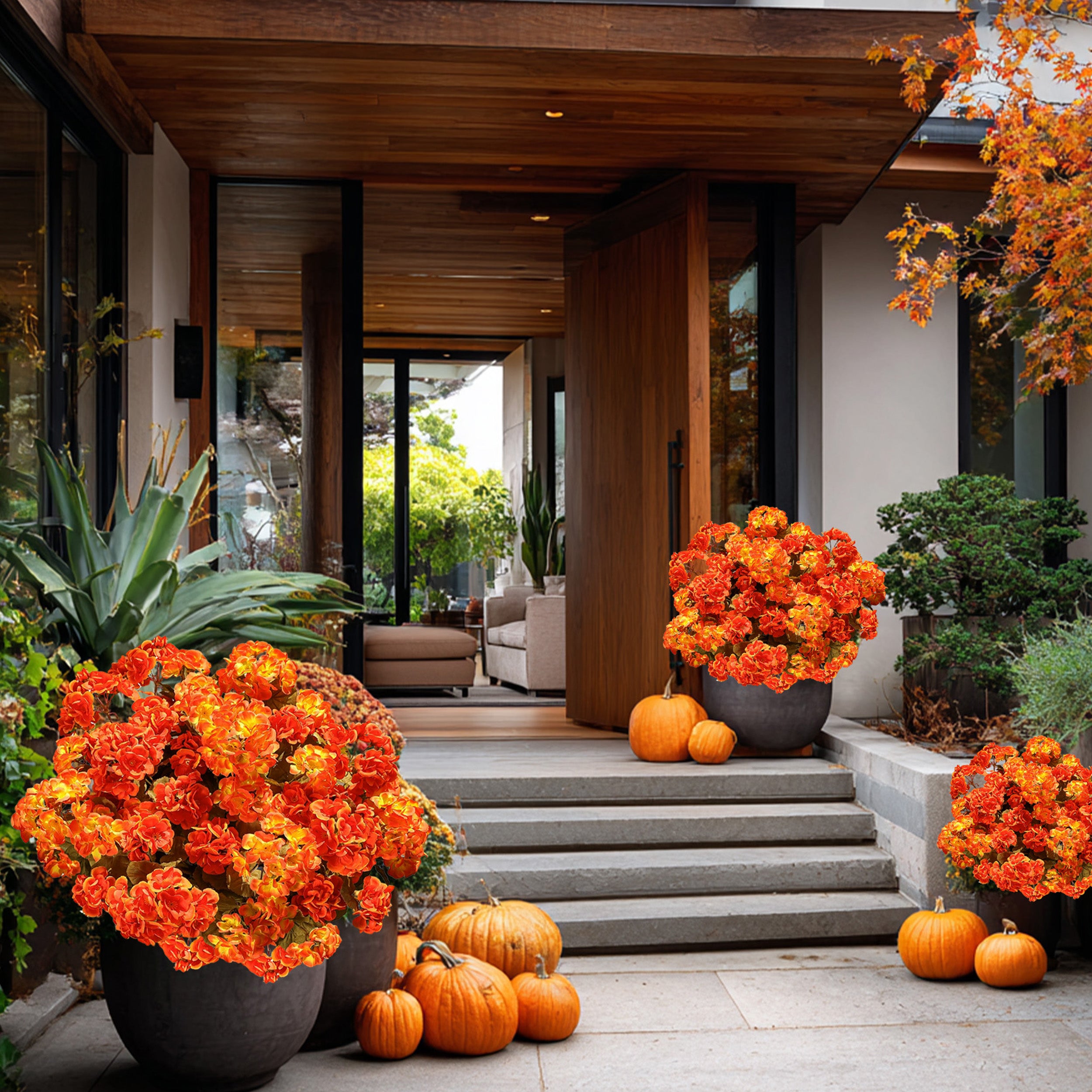 AXYLEX Artificial Geraniums for Outdoors, Fall Orange Yellow Mix 8 bundles UV resistant silk fall geraniums & mums, no fade – porch, patio, window box, garden & home autumn decor