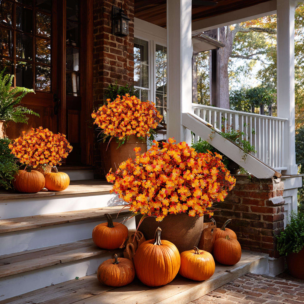 Artificial Mums Flowers: UV Resistant Outdoor Fall Decor - Orange & Green